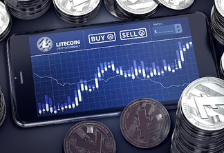 Smartphone with Litecoin trading chart on-screen among piles of silver Litecoins. Litecoin trading concept. 3D rendering