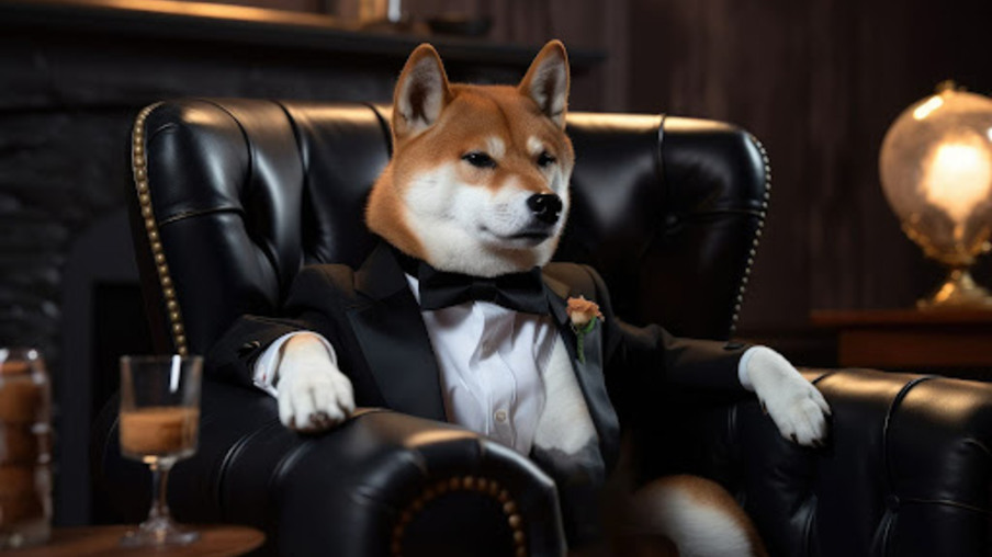 Shiba Inu sitting in a leather chair drinking whiskey wear, dog and cat sitting on sofa