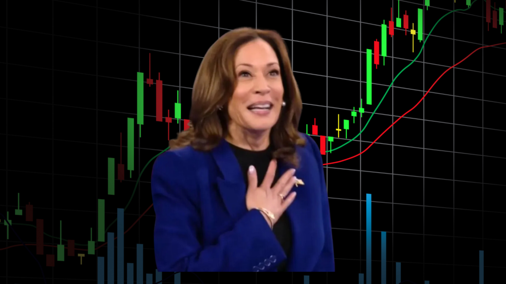 A imagem mostra Kamala Harris, candidata democrata à presidência dos EUA, em um momento de discurso animado. Ao fundo, há um gráfico de ações com barras verdes e vermelhas representando variações no mercado financeiro. A figura de Harris, com expressão de entusiasmo e um terno azul, contrasta com o fundo técnico dos gráficos, sugerindo a interseção entre política e economia.